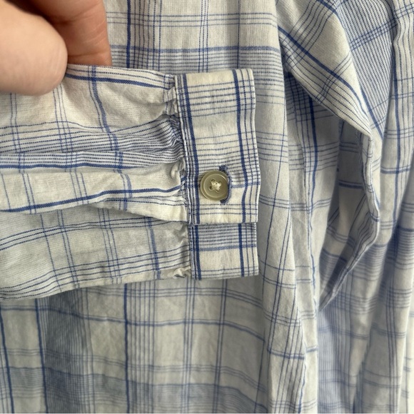 LOFT Plaid Linen Blend Button Blouse Peter Pan Collar Preppy White Blue Spring - Picture 4 of 12